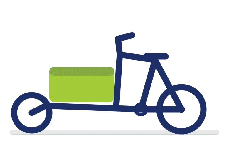 Tekening van een vrachtfiets met twee wielen en een laadbak voorop