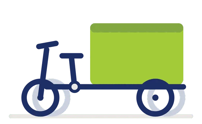 Tekening van een zware vrachtfiets met vier wielen en een gesloten laadbak achter de berijder